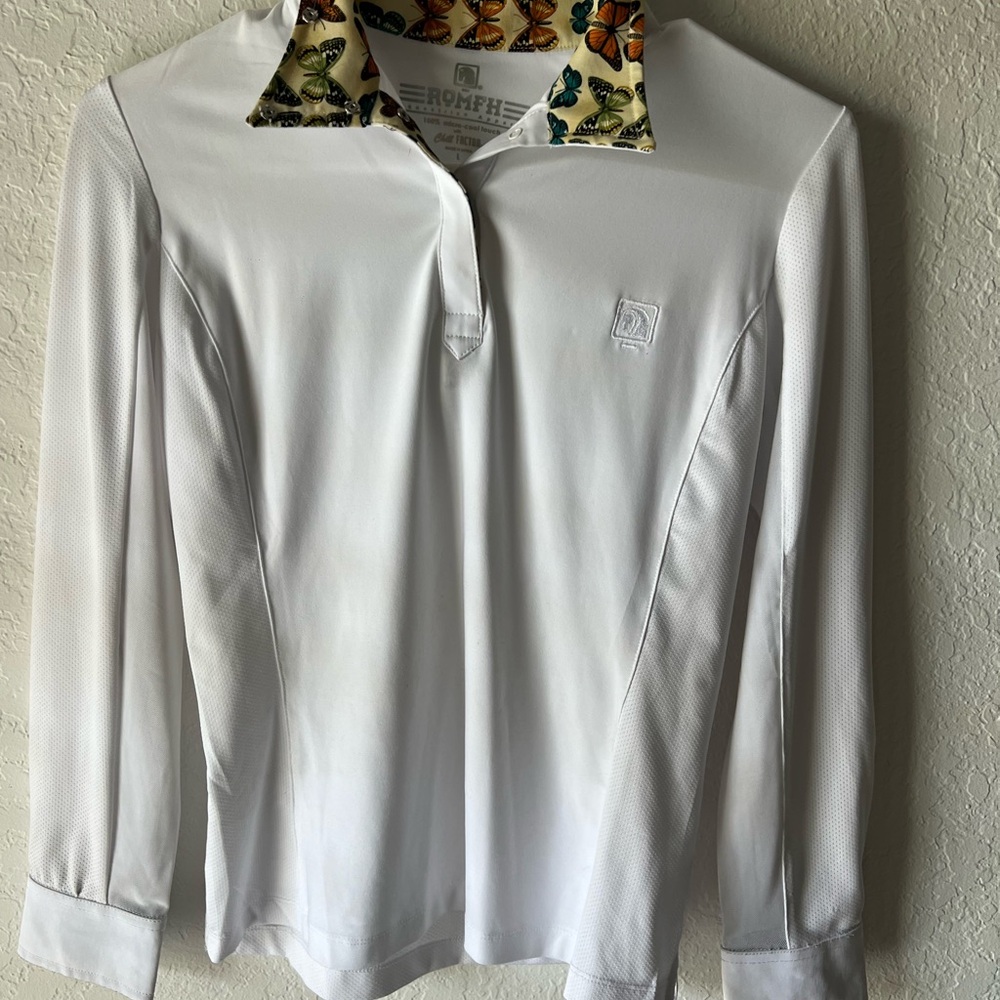 White Long Sleeve Riding Top with Butterfly Collar kids large